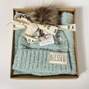 New Rae Dunn Blessed Hat and Scarf Set In Box Blue Turquoise